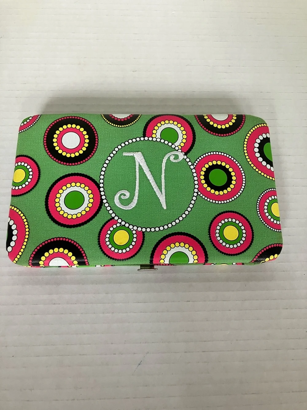 MSC Monogrammed 'N'  - Bright Green with Pink & Yellow Circles 4.5x7.5”